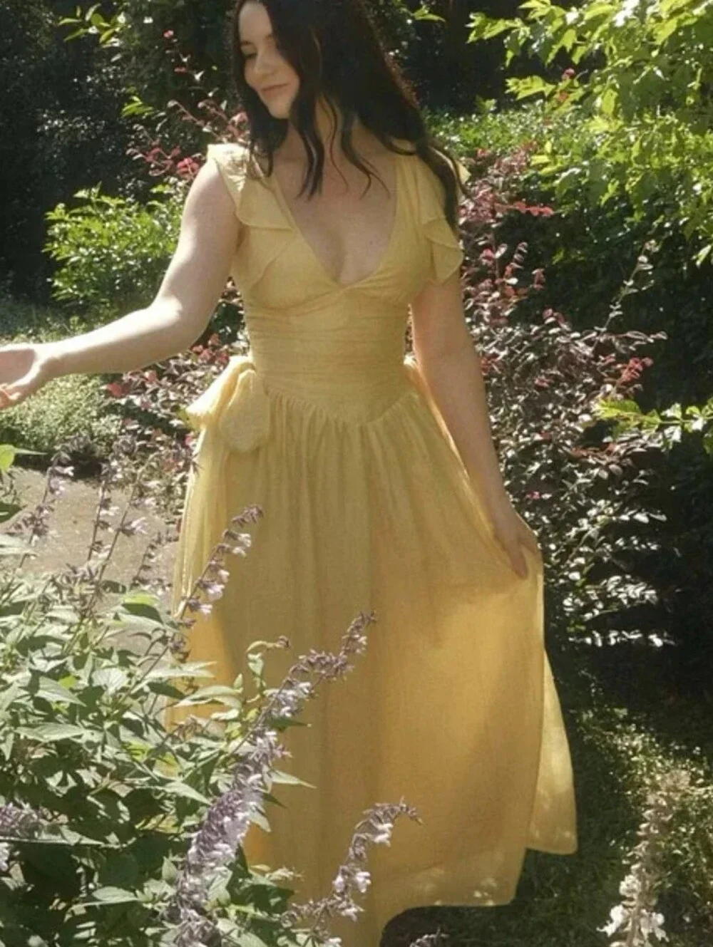 NWT Selfie Leslie Elsewhere Waist Bows Yellow V-Neck Flutter Sleeve Maxi Dress S - Picture 2 of 6